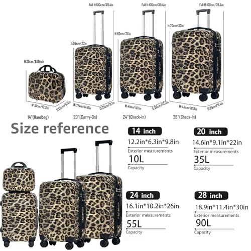 SLLUXEFF Luggage PC Hard-Shell Luggage Dual rotating wheels Leopard Print Luggage Set (4-Piece) (14in20in24in28in) Leopard Print Luggage (4) (Brown) (Brown)