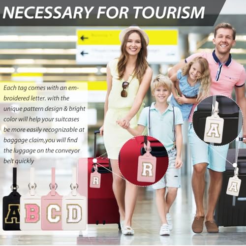 Personalized Initial Luggage Tags for Suitcases, Leather Chenille Letter Cute Luggage Tags with Privacy Name Card, Embroidered Travel Bag Backpack Tag Gifts for Women Kids Girls Teens(Pink-A)