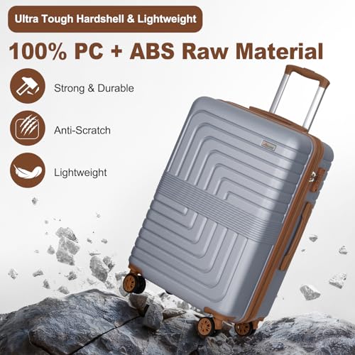 Romswi 3-Piece Expandable Luggage Set 20/24/28 Inch, Spinner Hardshell Lightweight Suitcases with TSA Lock, YKK, Checked & Carry On Luggage Set, Silver