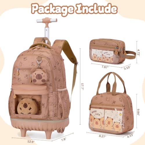 Similove Capybara Theme Rolling Backpack with Lunch Bag & Pencil Case, Kids Rolling Backpack for Girls, Wheeled School Bookbag with Telescoping Handle for Kindergarten Elementary Middle High School