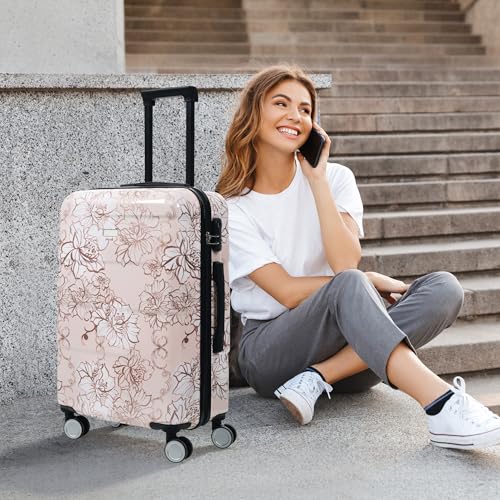 ApilithHive Luggage Sets 5 Piece PC Hardside Suitcase with Spinner Wheels & 3-Digit Lock, 20/24/28" Luggage +14" Cosmetic Case & 8" Handbag for Women (Pink Flower)