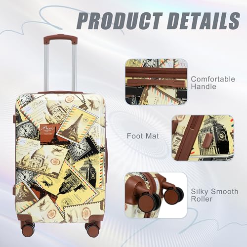 MoBtovs Luggage Sets, 3 Piece Durable Suitcase Set, PC with Printed pattern and Combination Lock, 20"/24"/28", Suitable for Long Term travel and Carrying with You, Black Vintage