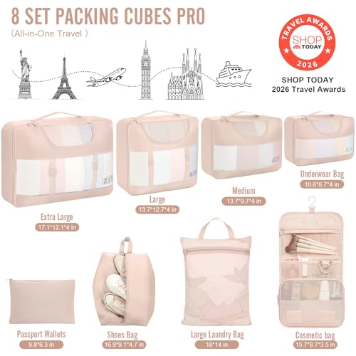 Veken 8 Set Packing Cubes for Cruise Ship Essentials,Beach Vacation Travel Accessories with Hanging Toiletry Bag,Suitcase Organizer for Luggage,Personalized Birthday & Retirement Gifts for Women Mom