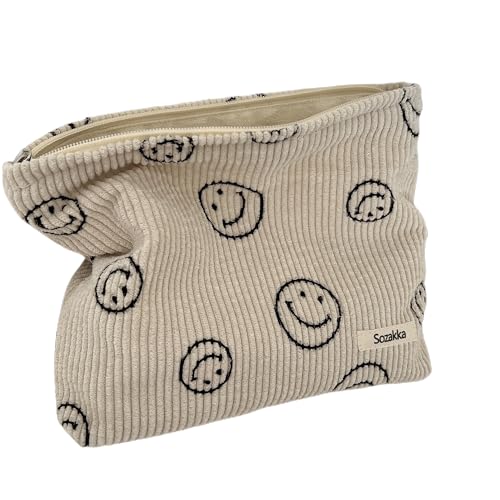 Gardsell Cosmetic Bags for Women - Corduroy Cosmetic Bag Aesthetic Women Handbags Purses Smile Dots Makeup Organizer Storage Makeup Bag Girls Case Bags (A-Beige)
