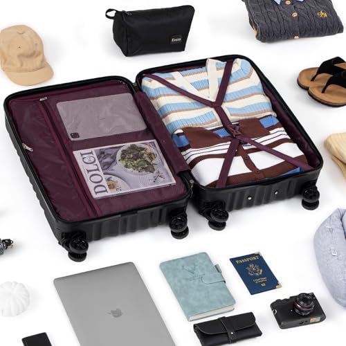 Eeeza Luggage Sets 5 Piece Suitcase with ABS Hard Shell Lightweight Combination Lock and Double Rotatable Detachable Wheels(Black,20"/24"/28"/DB/TB)