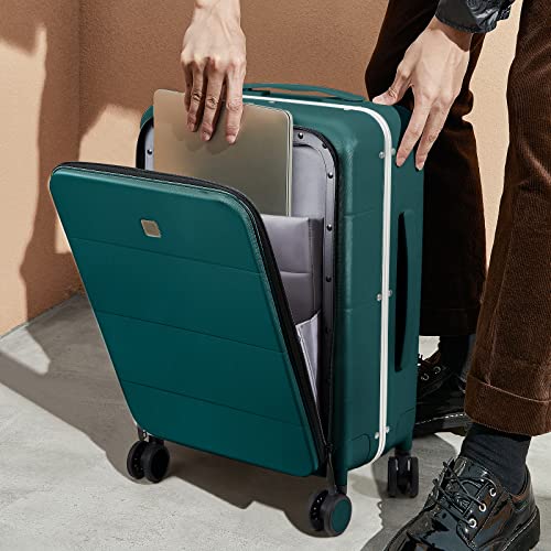 Hanke Wide Handle Luggage, 24 Inch Suitcase with Front Pocket, Top Open PC Hard Shell Suitcases with Spinner Wheels,Trunk Style Zipperless Aluminum Luggages Large Checked In(Blackish Green, 69L)