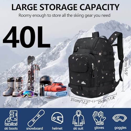 ROYAL MOUNTAIN Ski Boot Bags, 40L Snowboard Boot And Helmet Bag, Large Capacity Ski Boots Travel Backpack For Men Women, Waterproof Snowboard Boots Backpack For Skis Accessories (Fancyblack)