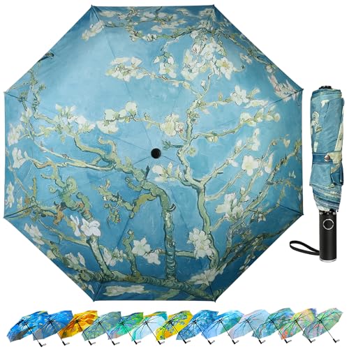 Ucrinei Van Gogh Folding Umbrella, Travel Umbrella with Starry Night Design, Auto Open & Close - Portable Compact Umbrella - Lightweight & Packable for Women & Men (Blooming Apricot Flower)