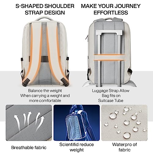 mixi Large Capacity Expandable Travel Backpack for Women & Men 15.6'' Laptop Carry On Weekender Bag Outdoor Hiking with Multifunction Pockets 180° Open Water Resistant 18 Inch 28L, Moonlight White