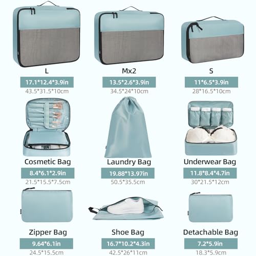 BAGAIL 8 Set/9 Set Packing Cubes Luggage Packing Organizer for Travel, Suitcase Packing Bags for Travel Accessories(Dusty Blue, 9 Set)
