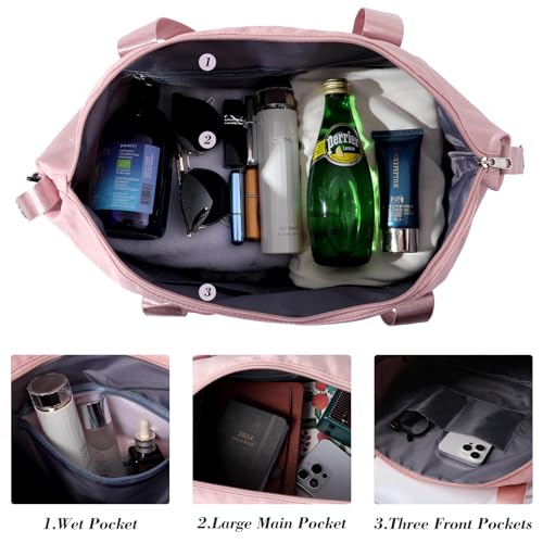 Travel Duffel Bag - Large Shoulder Weekender Overnight Bag, Carry on Bags with Wet Pocket, Waterproof Expandable Duffel Bags with Trolley Sleeve for Sports Travel Gym, Pink