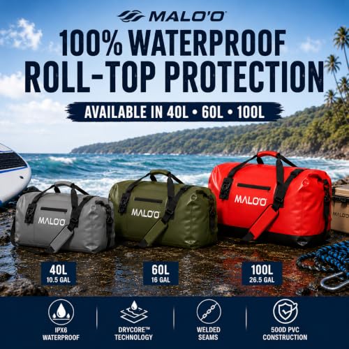 Malo’o Waterproof Dry Duffel, Heavy-Duty Roll Top Waterproof Gear Bag with Shoulder Strap & Molle Loops, Marine Duffel for Kayaking, Boating, Camping, Beach & Travel, Black, 60L