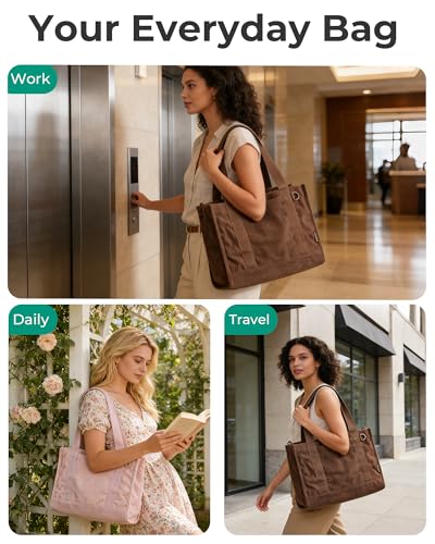 BAGSMART Corduroy Tote Bag for Women Work, Small Bible Mom Bag w/ 40oz Tumbler Holder, Padded 14" Laptop Bag for Teacher, Nurse Daily Commute