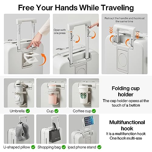 mixi Large Checked Luggage with Cup Phone Holder and Charger Hard Shell Suitcases with Spinner Wheels, 26 Inch Smoke White