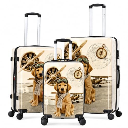 World Traveler Chariot Aviator Pup Dog Lover 3-Piece Hardside Expandable Spinner Luggage Set with TSA Lock