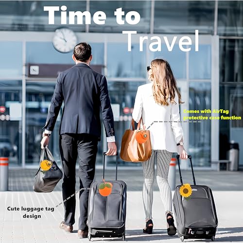 Cute Leather Luggage Tag Holder with Airtag Case Set,Hidden Compartment for AirTag Travel Suitcase Tracking Case with Stainless Steel Loop,Name ID Label(Persimmon)