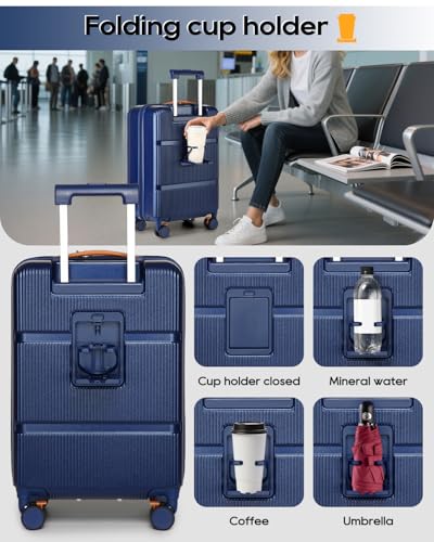 Joyway Carry on Luggage Airline Approved with Front Pocket, Hardside 20 Inch Travel Luggages with Cup Holder, Carry-on Suitcase with Spinner Wheels for Men and Women (Blue, 20 Inch)