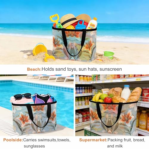 Lily Flower Mesh Beach Bag Tote Waterproof Sandproof,Watercolor Country Blooms Spring Botanical Art Pool Bag Beach Essential