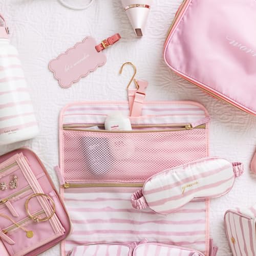 kate spade new york Hanging Toiletry Bag, 8.5" x 12.75" x 6" Travel Organizer with Gold Hook, 2 Large Bottle Compartments, Mesh & Clear Pockets, Nylon & Mesh (Goddess Stripe)