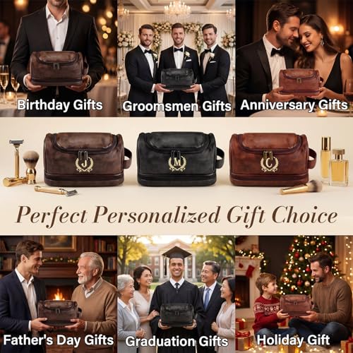 Personalized Toiletry Bag for Men, Father Day Gifts, Initial Toiletry Bag, Customized PU Leather Travel Shaving Kit Bag, Birthday Gift for Men, Him, Husband, Dad, Brother, Groomsmen, Boyfriend(J)