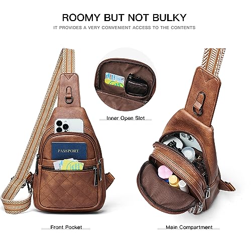LATMAP Sling Bag For Women Fanny Pack Faux Leather Small Casual Day-pack Backpack Crossbody Chest Bags Purse Waterproof Anti Theft,Brown