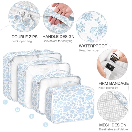 8 Set Packing Cubes for Suitcases,Packing Cube with Shoe, Cosmetics, Clothing, and Accessories Bags Packing Cubes for Travel Luggage Organizer Women Men(Blue Flowers)