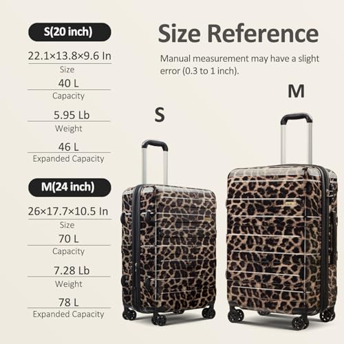 VIVIcity Cheetah Print Carry on Luggage 22x14x9 Airline Approved, Expandable 20 Inch Hardside Suitcase with Wheels TSA Lock, PC+ABS Lightweight Carry on Suitcases for Women