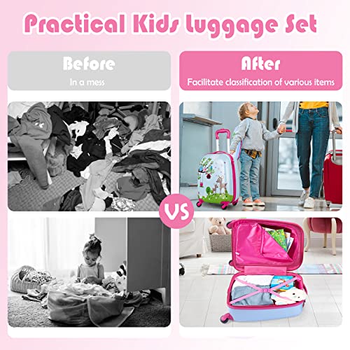 BABY JOY 2 PC Kids Luggage, 16" Toddlers Carry-on Suitcase & 12” Backpack Set, Children Travelling Case w/ 4 Casters & Retractable Handle, Lightweight Trolley Case for Boys & Girls (Deer)