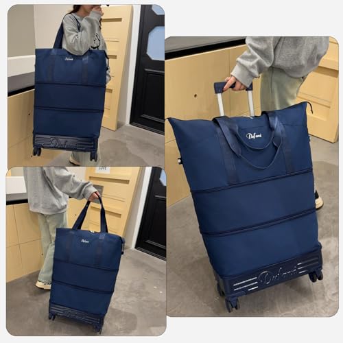 Dufanxi Expandable Rolling Travel Bag with Removable Wheels & Handle, Large Capacity Wheeled Duffle Tote, Foldable Carry On Luggage for Women, Lightweight Weekender Overnight Bag (DarkBlue)