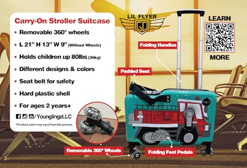 Younglingz LIL FLYER GO Version 2 Ride On Suitcase for Kids | Carry On Luggage with Toddler Seat, Foldable Handlebars, Pedals, and Removable Wheels | Holds up to 80 lbs | FIRETRUCK | Ages 2-6