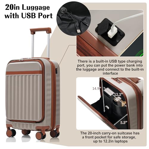3 Piece Luggage Set ABS Hardshell Lightweight Suitcase Sets with Spinner Wheels and TSA Lock, 20 inch with Front Opening Design and USB Port, 20" Airline Certified Carry-on Luggage, 20"24"28", Khaki