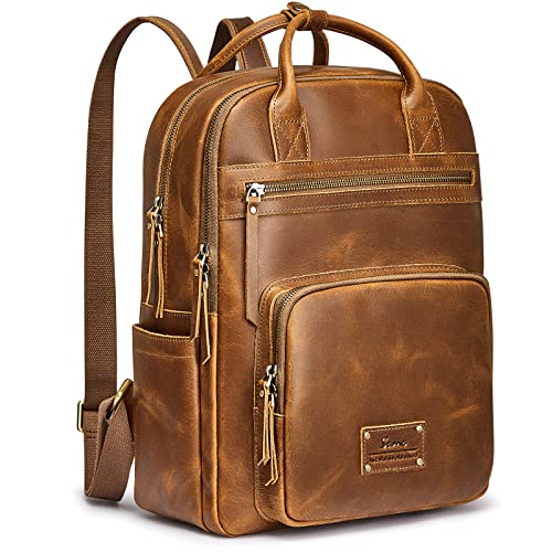 S-ZONE Vintage Genuine Leather Backpack Purse for Women Men Rucksack Travel Daypack with Luggage Sleeve