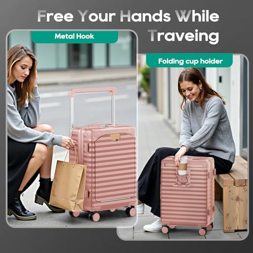 Joyway 20 Inch Carry on Luggage with Front Pocket, PC Hardshell Suitcase with USB Port and Cup Holder, 21.5x14.2x9 Airline Approved, with Spinner Wheels and TSA Lock, Rosa Gold