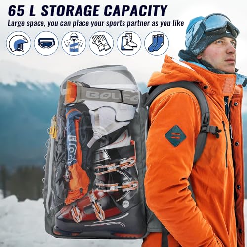 RESVIN Ski Boot Bag, 65L Durable Travel Backpack, 1680D Nylon Waterproof Snowboard Boot Bag, Skiing and Snowboarding Travel Luggage for Helmet, Goggles, Gloves, Outerwear & Accessories (Grey)