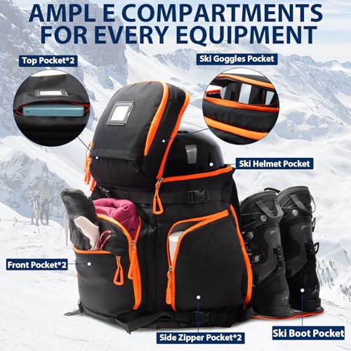onedayHI Ski Boot Bag, 70L Snowboard Boot Backpack, Waterproof Ski Boot Bag Backpack, Ski & Snowboard Boots Travel Backpack for Ski Helmets, Goggles, Gloves, Apparel & Accessories for Adults & Youth