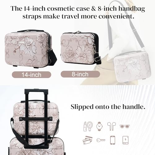ApilithHive Luggage Sets 5 Piece PC Hardside Suitcase with Spinner Wheels & 3-Digit Lock, 20/24/28" Luggage +14" Cosmetic Case & 8" Handbag for Women (Pink Flower)