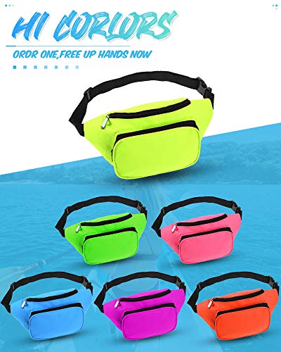 Weewooday 6 Pieces Neon Fanny Pack Adjustable Waist Bag 80s 90s Party Fanny Bags 2 Retro Zippers Travel Running Pack for Outdoor Rave Party Women Men Favors Gifts Supplies