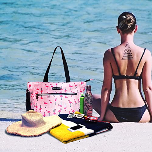 Betsey Johnson 15.6 Inch Zipper Beach Tote Bag Lightweight Large Durable Polyester with Mesh Side Pockets for Gym Work, Flamingo Strut
