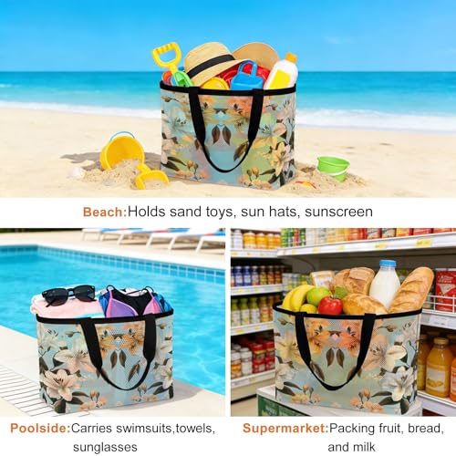 Watercolor Flower Mesh Beach Bag, Lily Seasonal Botanical Blooms Summer Large Tote Bag for Swim Pool Beach Travel