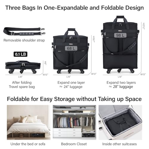 Hanke Expandable Collapsible Luggage with Wheels, Black Upgrade Version 2, 98L, Water-Resistant, 5 Spinner Wheels, 3 Pockets, Polyester, 19x13x27.2 inches, 6.1lb, Carry-On Luggage, Travel, Vacation