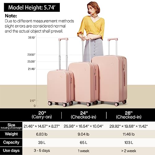 mixi Luggage Suitcase with Spinner Wheels, Hardside Rolling Suitcase PC with Cover & TSA Lock Lightweight Travel Case 24in Checked in, Pink
