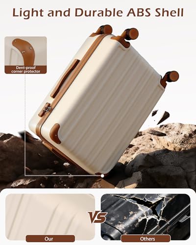 Coolife Luggage Expandable(only 28") Suitcase PC+ABS Spinner 20in 24in 28in Carry on (apricot white, L(28in))