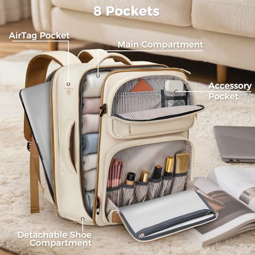 Taygeer Underseat 40L Travel Backpack with Shoe Compartment, TSA Approved Frontier Airlines Personal Item Bag, 18x14x8 inches Travel Bag for Women Weekender Fits Spirit Frontier Allegiant, Beige