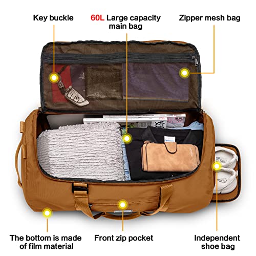 Lyweem Travel Duffle Bag for Men 60L Medium Lightweight Sports Gym Bag Traveling Duffel Backpack for Women Weekender Overnight Bags with Shoes Compartment, Brown