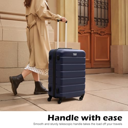 Coolife Luggage 3 Piece Set, Lightweight Durable Hardshell Suitcase set with 360° Spinner Wheels, TSA-approved Lock, Checked Family Travel Luggage sets, 20/24/28 Inch, Navy