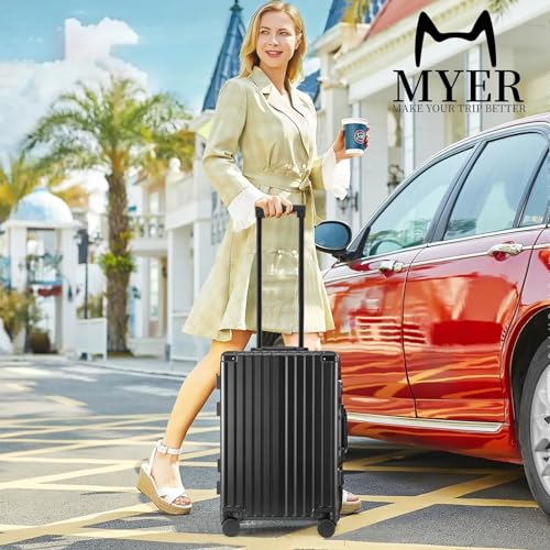 MYER Hard Shell Carry On Luggage 22x14x9 Airline Approved,20 Inch Aluminum Luggage with 100% 3-Layer PC,Carry On Suitcases with Wheels,Cup Holder and USB Port