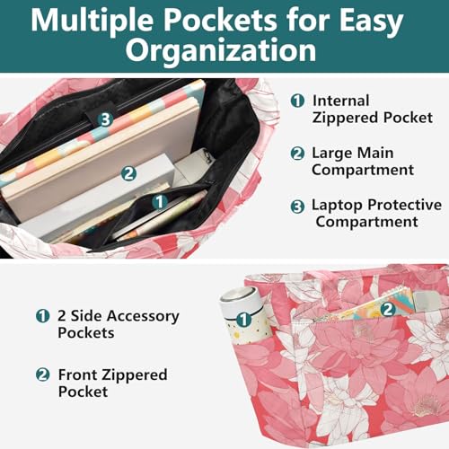 tplaotee Tote Pool Bag Everyday Shoulder Bag for Travel & Beach Weekend Getaway with Pockets Peach Water Lily Flower Bloom