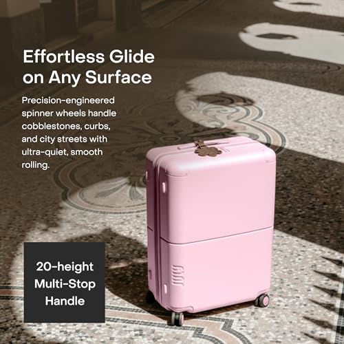 July Checked Expandable - 24.5" Airline Approved Check In Luggage with Wheels, Spinner Suitcase for Men & Women - TSA Lock Rolling Suitcase, Spinner Wheels, Expansion Zip, Y-Strap - Blush Pink