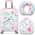 Sanwuta 4 Pcs Kids Luggage Set Carry On Rolling Suitcase Backpack Neck Pillow Travel Set Gift for Girls Boys Summer Camp(18 Inch,Flower Style,Pink Green)