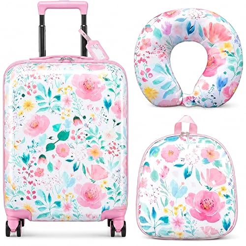 Sanwuta 4 Pcs Kids Luggage Set Carry On Rolling Suitcase Backpack Neck Pillow Travel Set Gift for Girls Boys Summer Camp(18 Inch,Flower Style,Pink Green)